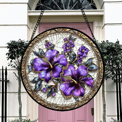 Stained Glass Window Hanging, Purple Flowers Romantic Suncatcher for Doors Home Sun Catchers Decoration and Christmas, Mother's Day Birthday Gifts for Women, Men, and Mom 14.9x14.9 in