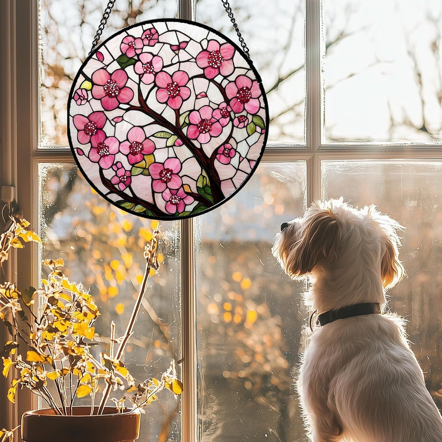 Stained Glass Window Hanging - Cherry Blossoms Birth Flower Suncatcher for Door Garden Patio Sun Catchers Decor Christmas Mother's Day Birthday Gifts for Women Mom Nana Friend Wife 7.8 in