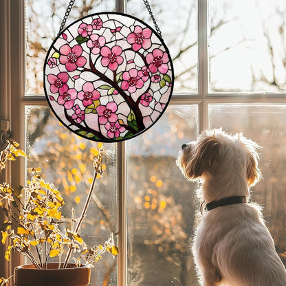 Stained Glass Window Hanging - Cherry Blossoms Birth Flower Suncatcher for Door Garden Patio Sun Catchers Decor Christmas Mother's Day Birthday Gifts for Women Mom Nana Friend Wife 7.8 in