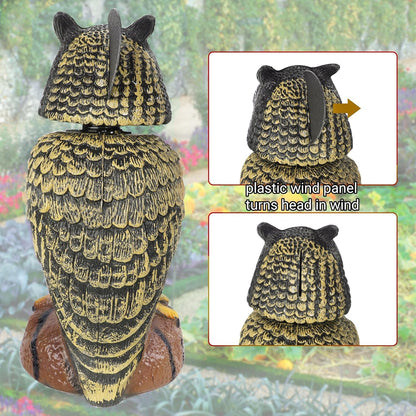 Hausse 2 Pack Bird Scarecrow Fake Owl Decoy Sculpture, 10.6 Inch Height Golden Rotating Head Plastic Owl Bird Deterrents, Nature Enemy Horned Pest Repellent for Outdoor Garden Yard
