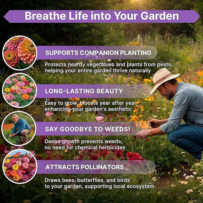 Zinnia Seeds Pack 4 oz - Over 15,300 Non-GMO Heirloom Zinnia Seeds for Planting, Annual Flowers in Individual Seed Packet for Planting Home Garden Indoor & Outdoor Gardening