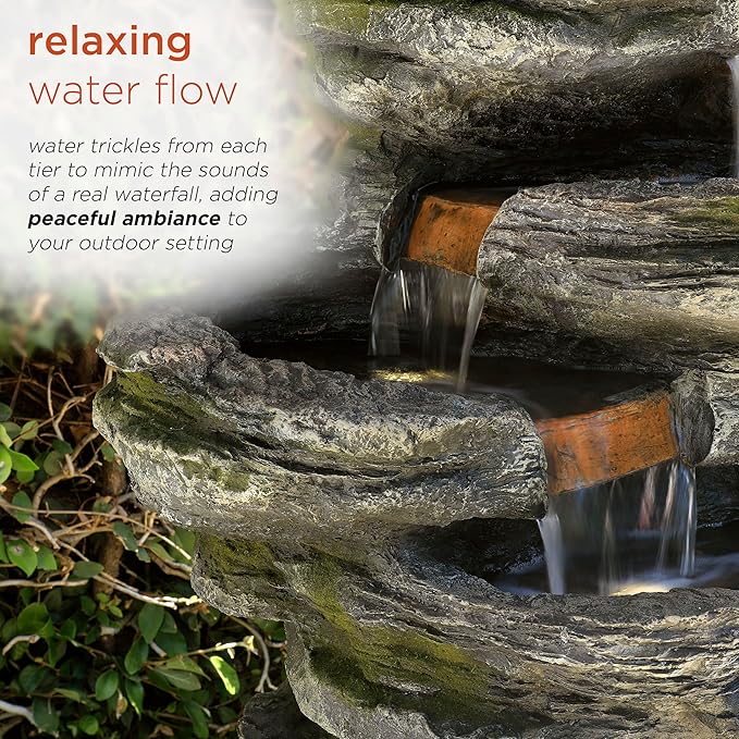 Alpine Corporation WIN1146 Outdoor Floor Cascading 8 Tiered Rock Garden Water Fountain with LED Lights, 58", Gray