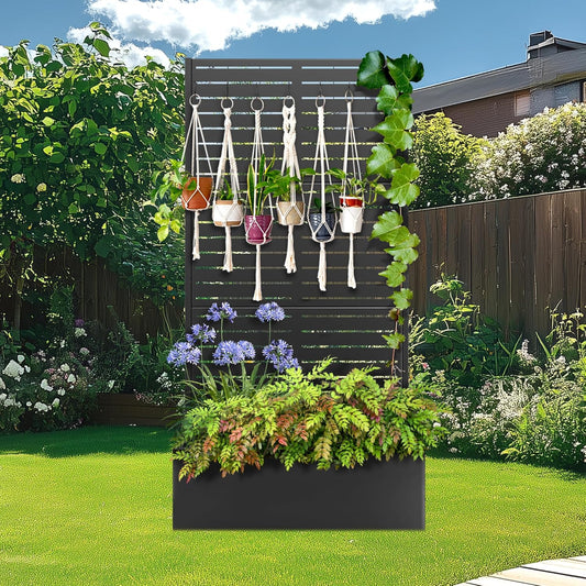 Metal Planter Box with Trellis, Raised Garder Bed with Drainage Hole, Privacy Screen & Trellis for Climbing Plants, Outdoor Plant Stands, 35''L×16''W×71''H, Black