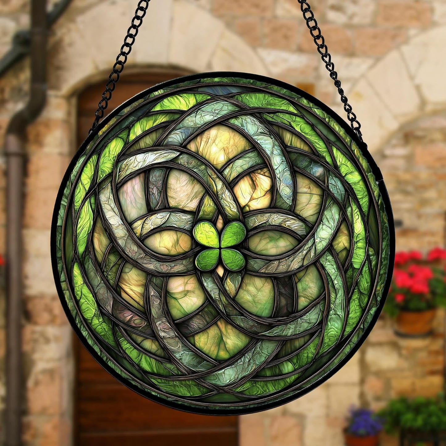 Stained Glass Window Hanging, Abstract Green Clover Sun Catchers Colorful Glass Panel Bless Suncatcher Decor for Birthday for Women, Men, Wife, Aunt, and Mom 11.8x11.8 in