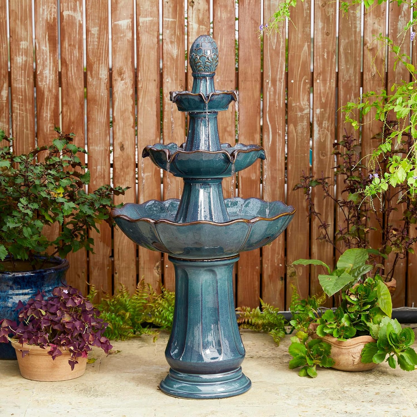 Glitzhome Outdoor Fountain and Waterfalls 3 Tier Patio Fountains, 45" H Turquoise Ceramic Water Fountain with LED Light, Pump & Adapter Garden Outdoor Floor Stand Fountains for Backyard Deck Lawn