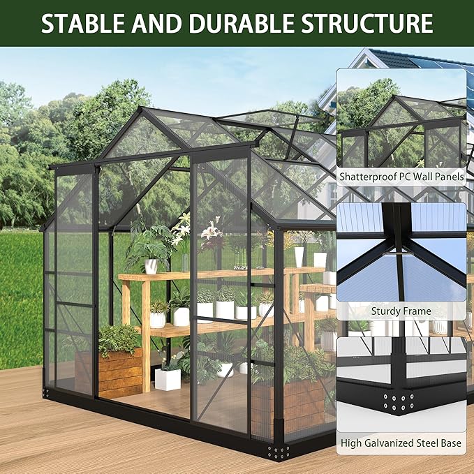 Greenhouses for Outdoors, 8x20 FT Polycarbonate Greenhouses with 4 Adjustable Roof Vents, Walk-in Aluminum Frame Green Houses for Outside with Sliding Doors, Windproof, Graden(8x20FT)