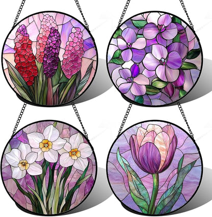 Stained Glass Window Hanging 4 Pcs Set Purple Flower Theme Large 11.8" - Tulip Suncatcher Door Garden Sun Catcher Decor Birthday Christmas for Plant Lovers Woman Nana Men