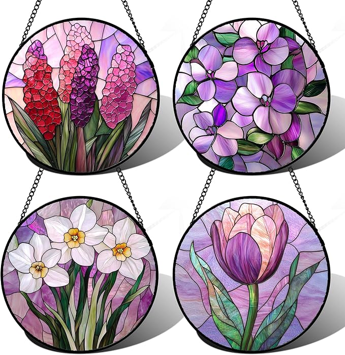 Stained Glass Window Hanging 4 Pcs Set Purple Flower Theme 7.8" - Tulip Suncatcher Door Garden Sun Catcher Decor Birthday Christmas for Plant Lovers Woman Nana Men