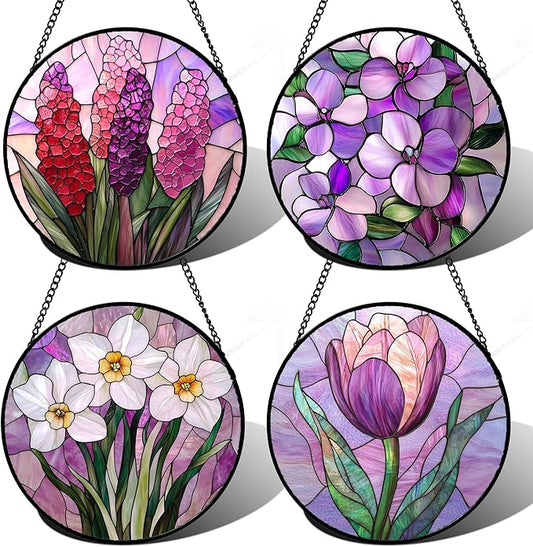 Stained Glass Window Hanging 4 Pcs Set Purple Flower Theme 7.8" - Tulip Suncatcher Door Garden Sun Catcher Decor Birthday Christmas for Plant Lovers Woman Nana Men