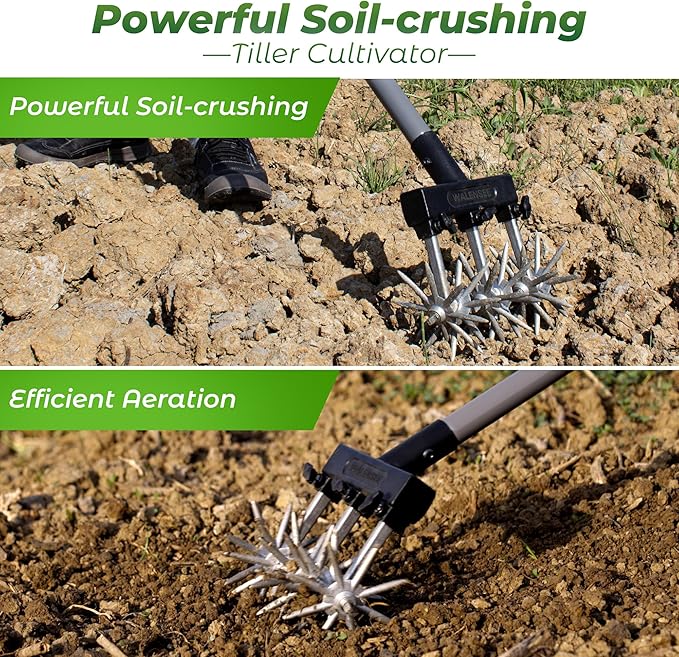 Walensee Rotary Cultivator Garden Tool – Adjustable Hand Tiller for Gardening & Lawn Care with Rustproof Aluminum Blades, Telescopic Handle, Lightweight Nylon Base – Soil Aerator & Grass Reseeder