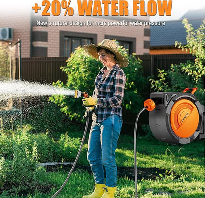 5/8" × 110 ft Retractable Hose Reel, Heavy Duty Retractable Garden Hose Reel Wall Mounted with 10-Pattern Hose Nozzle/Any Length Lock/Slow Return System/180°Swivel Bracket, Orange