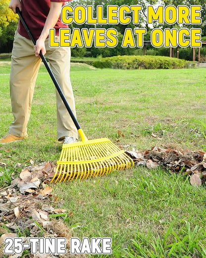 Garden Leaf Rake, 18” Wide Metal Rake with 25 Teeth, 62" Adjustable Long Handle, Heavy Duty Lawn Yard Tool for Leaves, Grass, Shrubs, Debris, Pine Needles, Garden Cleanup Tools for Backyard