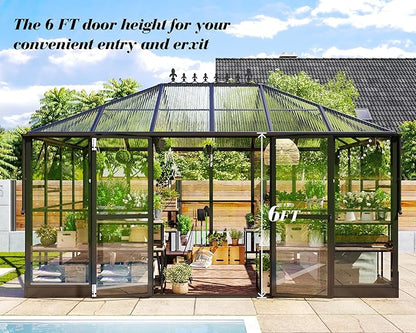 Jocisland 14x9.5x9 FT Polycarbonate Greenhouse with Clear Panels- 6 FT Wall Height Outdoor Aluminum Greenhouses with 2 Vents, Double Doors with Hook, Walk-in Greenhouse for Backyard Garden