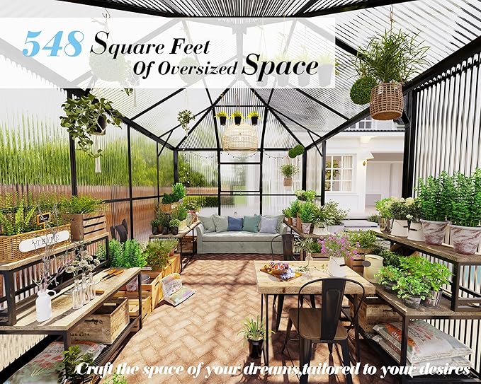 Jocisland 11x8.3x8.6 FT Polycarbonate Greenhouse- 6 FT Wall Height Outdoor Aluminum Greenhouses with 2 Ventilation and Rain Gutter, Double Doors with Hook, Walk-in Greenhouse for Backyard Garden