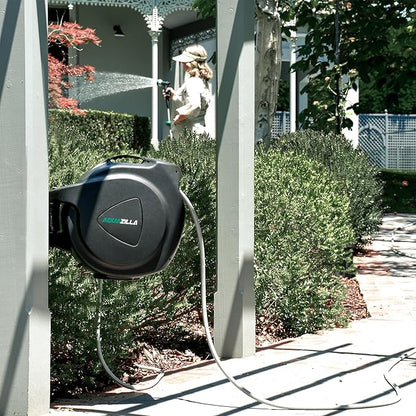 Retractable Garden Hose Reel, 120Ft x 1/2" Durable Wall Mounted Water Hose Reel with 180¡ãSwivel Bracket, 9 Pattern Sprayer, 6Ft leader hose, Smooth Automatic Rewind, Any Length Lock.