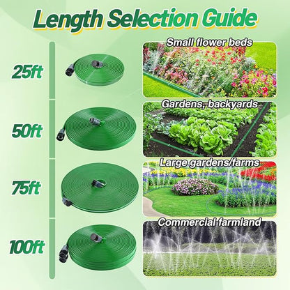 25ft Sprinkler Soaker Hose - Kink-free, Save Water, Flexible - Heavy Duty Three Tube Flat Watering Hose for Garden Yard Lawn Irrigation, With 10 Stakes