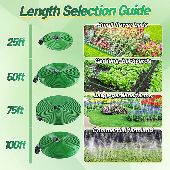 75ft Sprinkler Soaker Hose - Kink-Free, Save Water, Flexible - Heavy Duty Three Tube Flat Watering Hose for Garden Yard Lawn Irrigation, with 25 Stakes