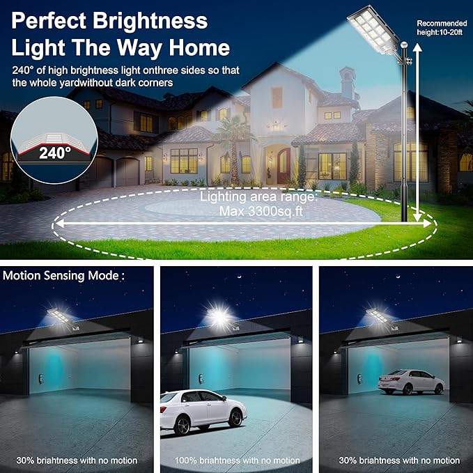 4-Pack 8000W,240000LM Solar Street Light,Wide Angle Lamp, Waterproof IP67,with Remote Control & Motion Sensor,The Ultimate Lighting Solution for Parking Lots and Beyond