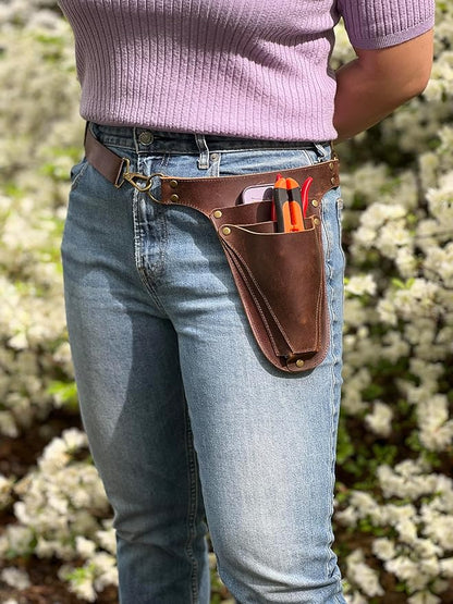 Garden Tool Belt, Handmade Premium Leather with Pouches Pockets Holster for Women & Men, Gardeners, Florists, Electrician, Carpenter, Farmer, Landscaper