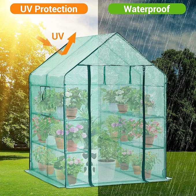 Ohuhu Greenhouse for Outdoors with Screen Windows, 57 x 57 x 76'' Walk in Plant Greenhouses Heavy Duty with Durable PE Cover, 3 Tiers 12 Shelves Stands Plastic Portable Green House with Shelf Clips