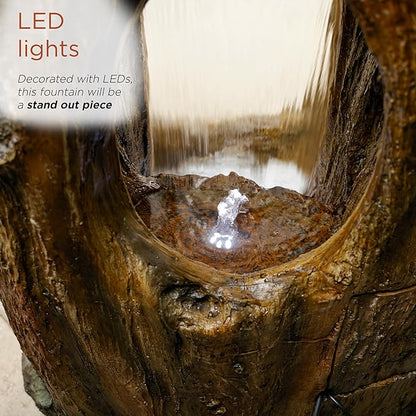 Alpine Corporation TZL338 Outdoor 3 Tier Waterfall Tree Trunk Floor Fountain with LED Lights for Patio, and Lawn Decor, 59 Inches Tall