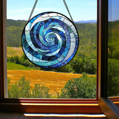 Stained Glass Window Hanging - Blue Abstract Swirl Suncatcher for Doors Garden Patio Unique Sun Catchers Decor Christmas Mother's Day Birthday Gifts for Women Men Mom Nana Friend 7.8 in