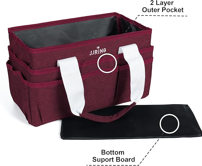 JJRING Craft Organizer Tote Bag, Art Storage Caddy with Multiple Pockets, Dark Red Sewing Bag for Art, Craft, Scrapbooking, School, Medical, and Office