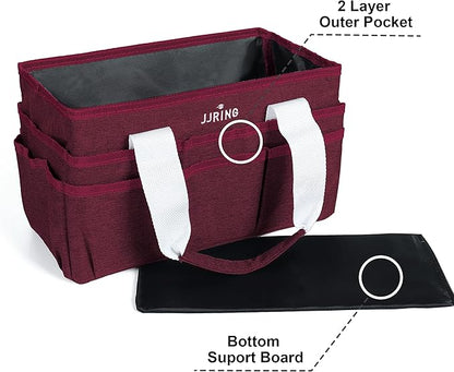 JJRING Craft Organizer Tote Bag, Art Storage Caddy with Multiple Pockets, Dark Red Sewing Bag for Art, Craft, Scrapbooking, School, Medical, and Office