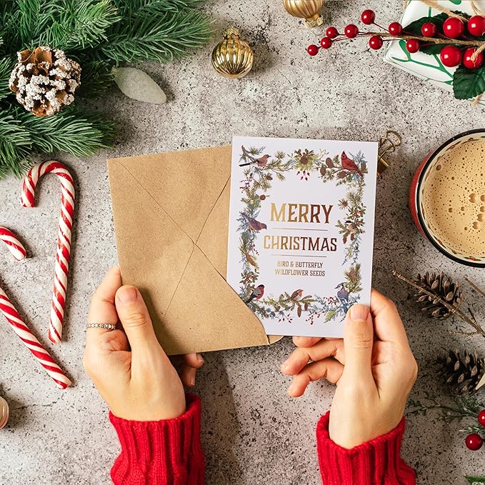 Bentley Seeds Co. Merry Christmas Wreath of Birds Holiday/Christmas Gift Tags | Non-GMO, Non Coated Bird & Butterfly Pollinator Wildflower Seed Mix | 25 Seed Packets