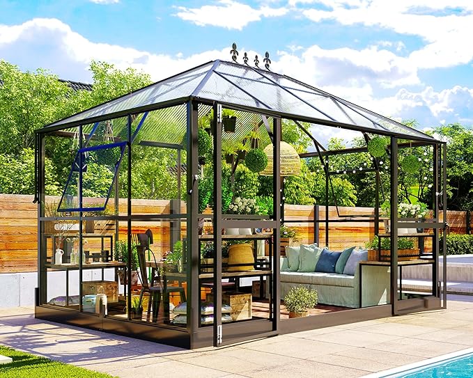 Jocisland 11x8.3x8.6 FT Polycarbonate Greenhouse with Clear Panels- 6 FT Wall Height Outdoor Aluminum Greenhouses with 2 Vents, Double Doors with Hook, Walk-in Greenhouse for Backyard Garden