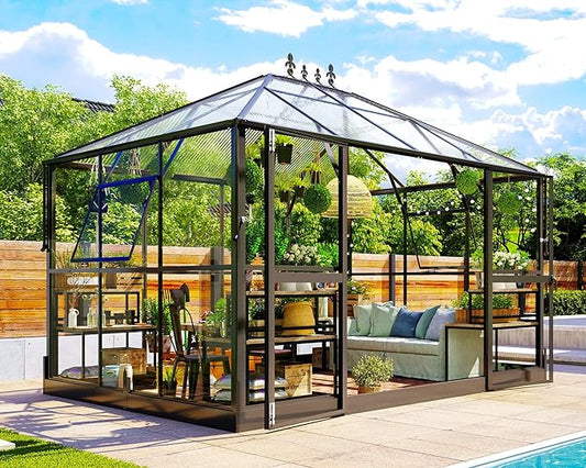 Jocisland 11x8.3x8.6 FT Polycarbonate Greenhouse with Clear Panels- 6 FT Wall Height Outdoor Aluminum Greenhouses with 2 Vents, Double Doors with Hook, Walk-in Greenhouse for Backyard Garden