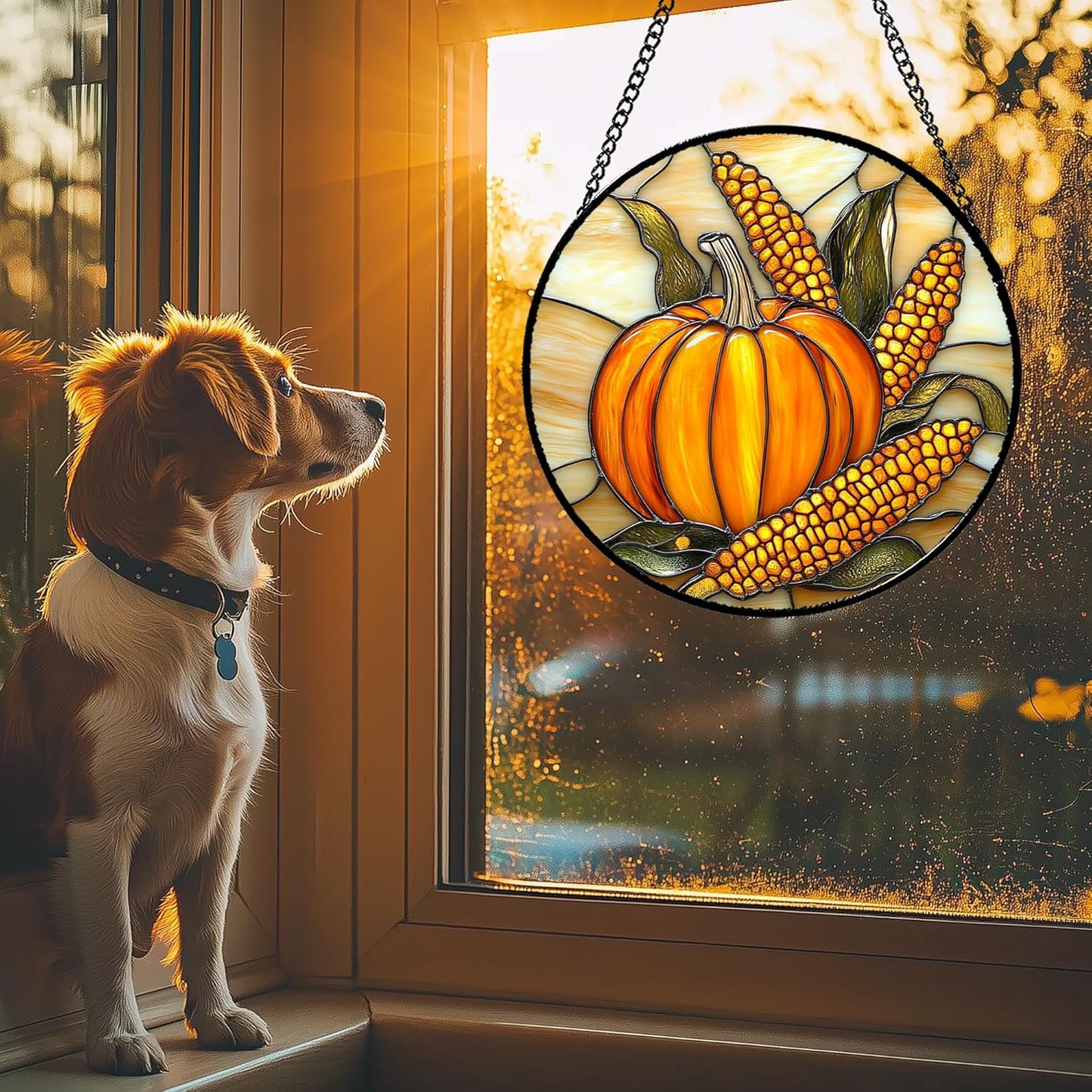 Stained Glass Window Hanging Autumn Harvest Pumpkin Corn 6.3" - Suncatcher Door Garden Kitchen Sunroom Sun Catcher Fall Home Decor Birthday for Mom Grandma Men Woman