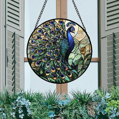 Stained Glass Window Hanging, Turquoise Peacock Sun Catcher for Door Home Decor Blue Green Suncatcher Christmas Mother's Day Birthday Gifts for Women Men Mom and Nana 9.8 in