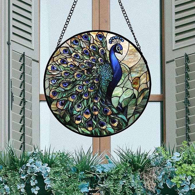 Stained Glass Window Hanging, Turquoise Peacock Sun Catcher for Door Home Decor Blue Green Suncatcher Christmas Mother's Day Birthday Gifts for Women Men Mom and Nana 15 in
