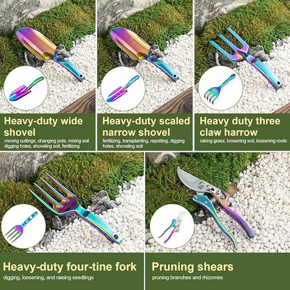 Rainbow Gardening Tool Set, Shovel, Pruning Shears and Hand Fork Gardening Hand toolsgardening Supplies (5 Pieces) Gardening Gifts for Women