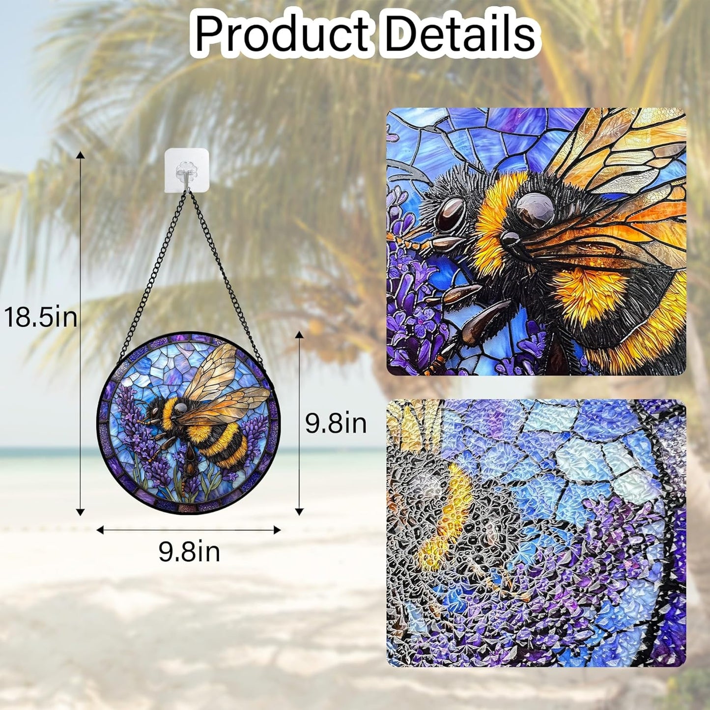 Stained Glass Window Hanging, Bee Lavender Sun Catchers Diamond Glass Panel Hangings Insect Suncatcher Decor for Birthday for Women, Men, Wife, Aunt, and Mom 9.8 in