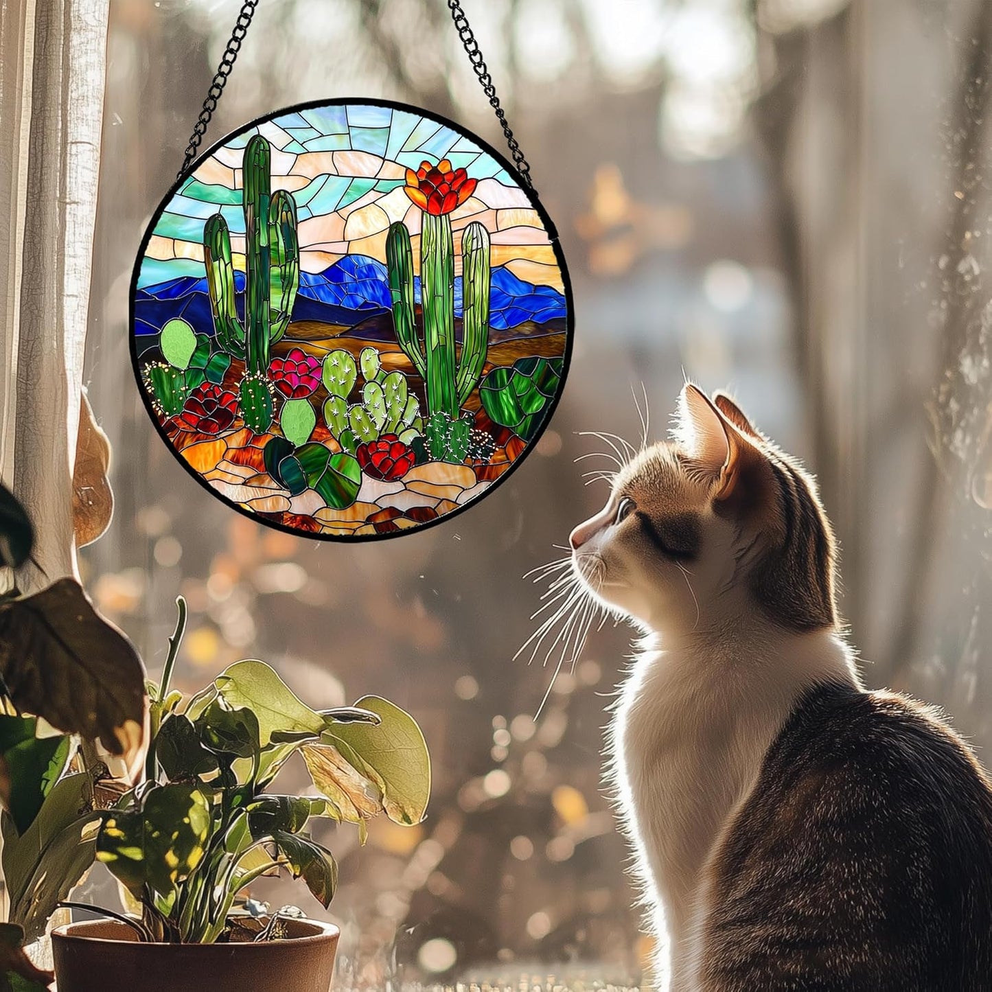 Stained Glass Window Hanging, Green Cactus Suncatcher for Doors Window Home Plant Landscape Sun Catchers Decoration Mother's Day Birthday Gifts for Women, Men, and Mom 7.8 in