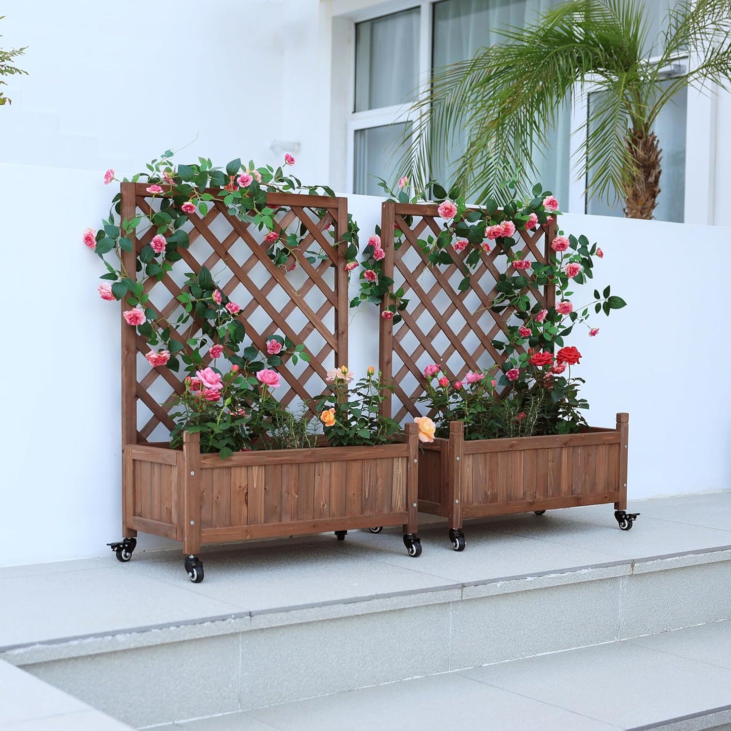 2 Pcs Wooden Planter Boxes with Trellis: Four Universal Wheels for Easy Mobility, 37.6" H x 27.5" W x 13" D,Perfect for Outdoor Climbing Plants on Patios, Balconies & Gardens