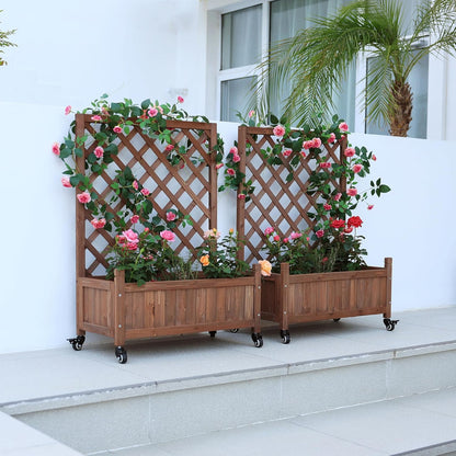 2 Pcs Wooden Planter Boxes with Trellis: Four Universal Wheels for Easy Mobility, 37.6" H x 27.5" W x 13" D,Perfect for Outdoor Climbing Plants on Patios, Balconies & Gardens