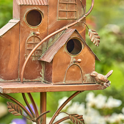 Large Copper Colored Multi-Birdhouse Stakes, Room for 4 Bird Families in Each (Castle Home)