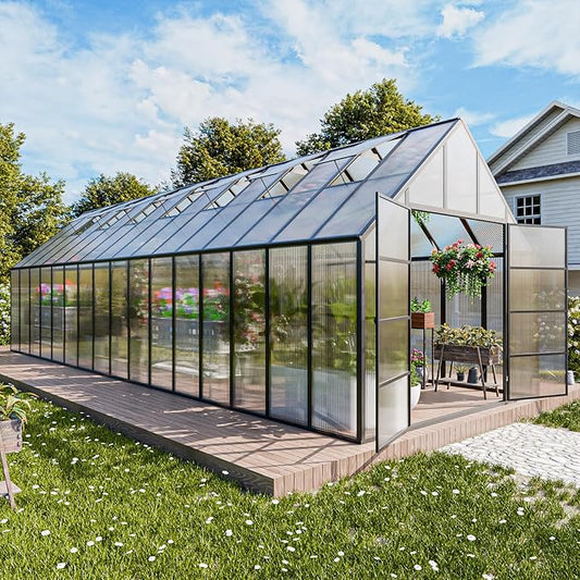 CDCASA 10x32 FT Greenhouse for Outdoors,Large Easy Assembly Thicker Aluminum Polycarbonate Greenhouses w/7 Windows, Double Door, Walk-in Green House for Outside,Patio,Backyard,Garden