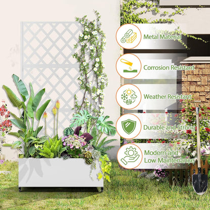 Metal Planter Trellis Box with Wheels & Drain Plug Outdoor Raised Garden Bed Patio Privacy Screen with Planter for Climbing Plants, Vegetables 73"x35"x16" White-Diamond