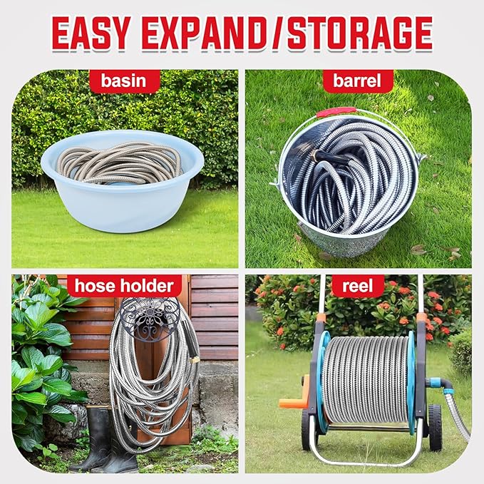 YAMATIC 25FT Stainless Steel Garden Hose with 10 Pattern Spray Nozzle, Heavy Duty Metal Water Hose, Kink-Free, Rust Resistant Hose for Yard, Lawn, RV, Outdoor