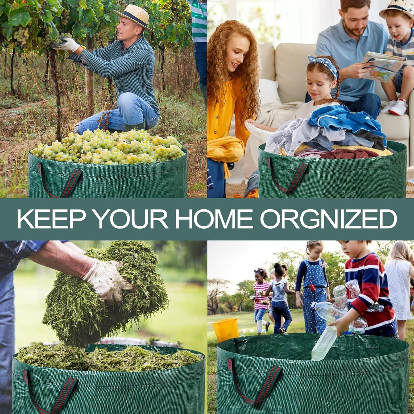 4 Pcs 72 Gallons Reusable Yard Waste Bags Extra Large Leaf Lawn Bags Reusable Heavy Duty With 4 Handles Garden waste Bags Containers for Clean Up Leaves Debris Grass Clipping