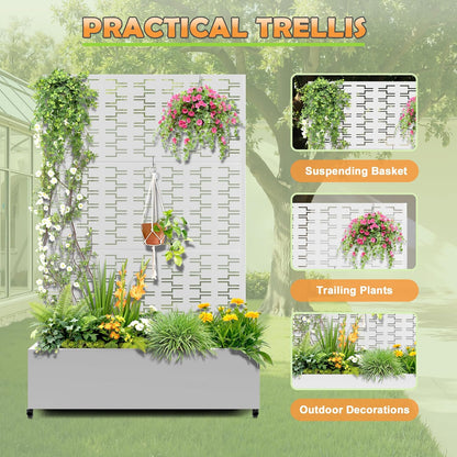 Metal Raised Garden Bed with Trellis, 2-in-1 Planter Box & Privacy Screen for Climbing Plants, Outdoor Standing Flower Bed with Drainage Holes, 47.2" L x 16.7" W x 70.8" H, White-Brick