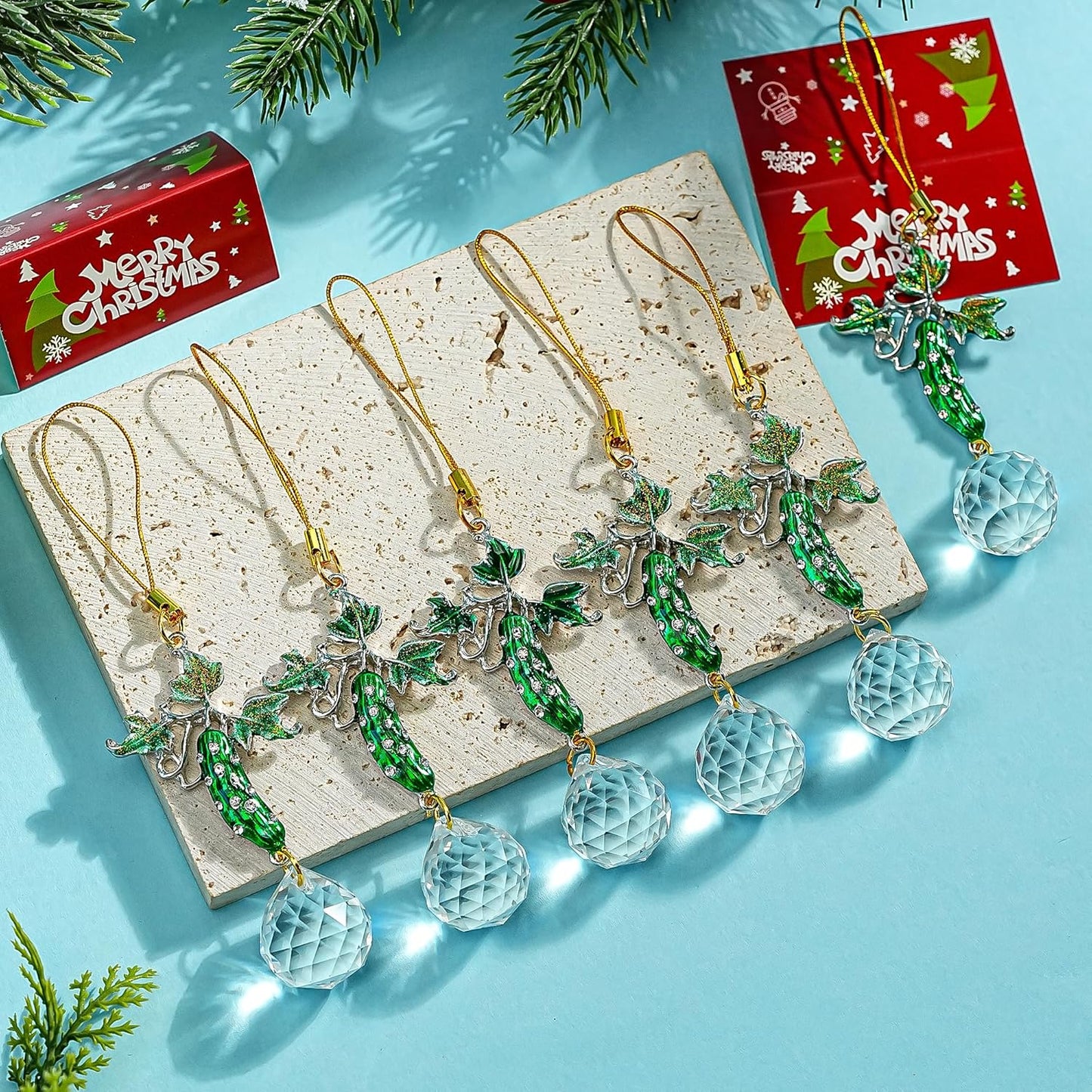 H&D HYALINE & DORA Set of 6 Rhinestones Pickle Crystal Suncatcher Pendant Xmas Cucumber Rainbow Sun Catcher for Windows Garden Home Decor