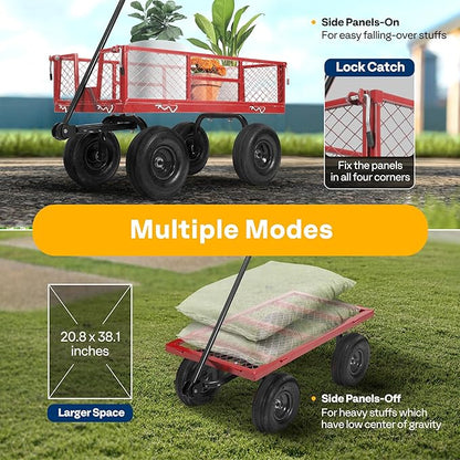 VIVOHOME Heavy Duty 880 Lbs Capacity Mesh Steel Garden Cart Folding Utility Wagon with Removable Sides and 4.10/3.50-4" Wheels 10 inch Tire(Red)