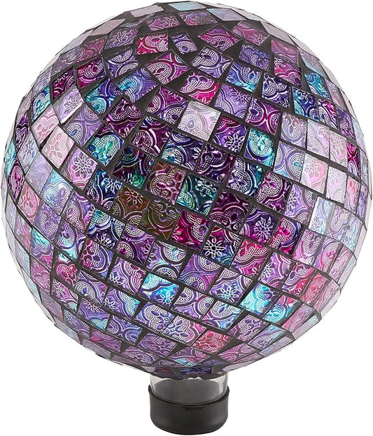 Alpine Corporation 10" Diameter Indoor/Outdoor Glass Mosaic Gazing Globe Yard Decoration, Purple Embossed Tile