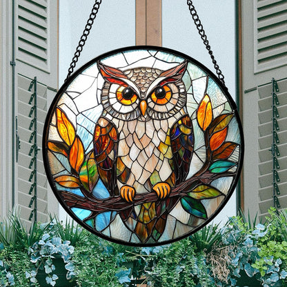 Stained Glass Window Hanging, Owl Colorful Leaves Birds Sun Catchers Diamond Glass Panel Hangings Suncatcher Decor for Birthday for Women, Men, Wife, Aunt, and Mom 14.9x14.9 in