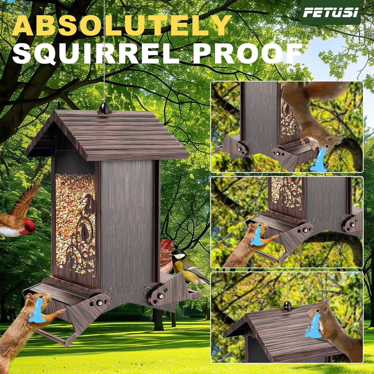 Squirrel Proof Bird Feeder for Outdoor Hanging,Metal Bird Seed Feeder with Bilateral Weight Activated Perches,5LB Large Capacity Wild Bird Feeders for Outside,Easy Refill and Clean,Brown